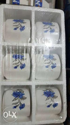 Six White And Blue Ceramic Floral Cups In Box