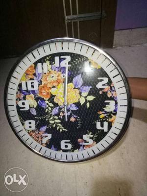 Stainless Steel Framed Black Floral Wall Clock