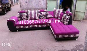 Tufted Purple Sectional Sofa With Throw Pillow