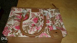 White Brown And Pink Floral Print Tote Bag