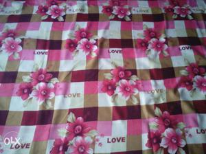 White, Pink, And Brown Floral Love Bedsheet withe pilo cover