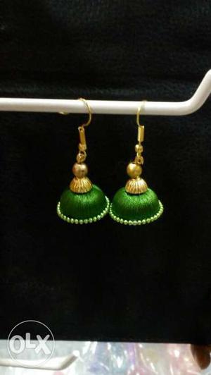 Women's Green And Gold Silk Thread Jhumkas