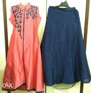 Women's Orange Floral Sleeveless Dress With Blue Skirt