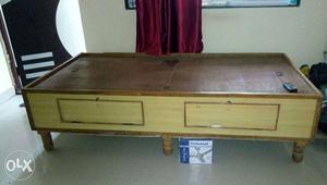 Beige And Brown Wooden Bed With Drawer Storage