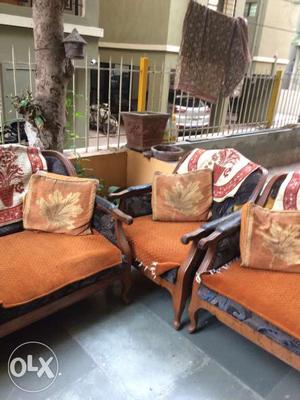 Brown Wooden Framed Orange Fabric Sofa Set
