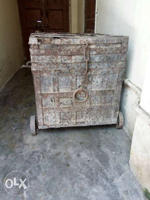 Gray Metal Wheeled Chest Box 125 years old.