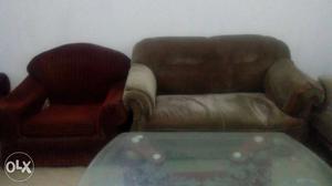 Red Fabric Sofa Chair And Gray Suede Loveseat