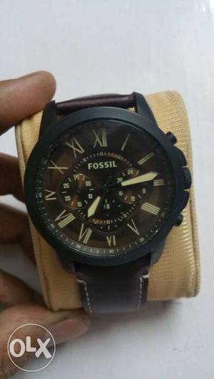 Black Fossil Chronograph Watch With Black Leather Band