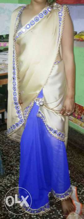 Cream And Blue Sari