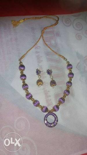 Gold,purple, And Silver Beaded Pendant Necklace And Pair Of