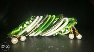 Green and white combination thread bangle(set of 10 bangles)