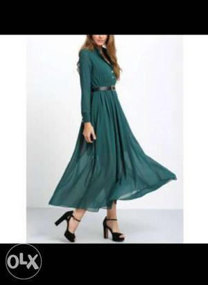 Long green colour dress with belt XL size
