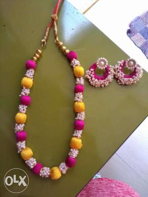 Pair Of Purple-and-white Threaded Earrings And Necklace