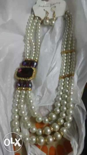 Purple Gemstone And Pearl 3-layered Necklace