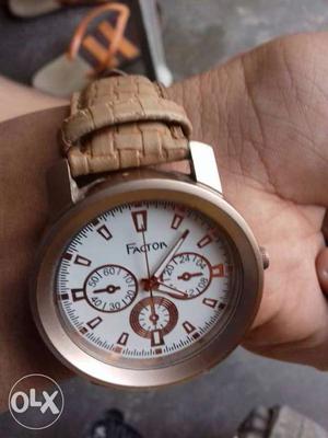 Round Brown Case Factor Chronograph Watch With Brown Leather