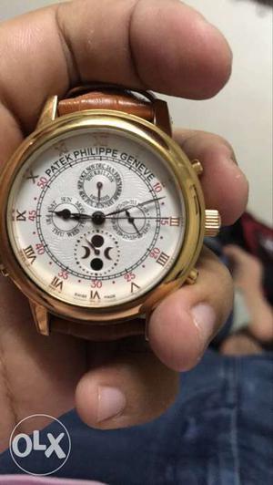 Round Gold Chronograph Watch With Brown Leather Band