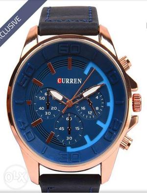 Round Gold Curren Chronograph Watch With Black Leather Strap