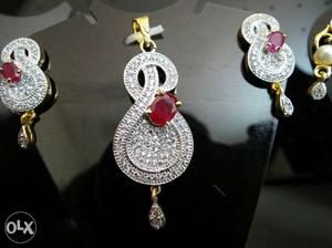 Silver Diamond Beaded Ruby Pendant And Drop Earrings