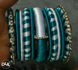 Teal And Gray Gemmed Bangles