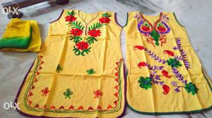 Three Yellow-and-green Floral Traditional Dresses