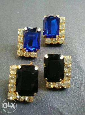 Two Pairs Of Black And Blue Gem Gold Earrings