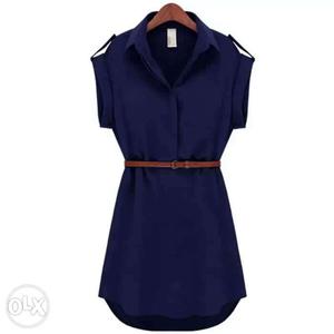 Women's Blue V-neck Semi Sleeveless Dress