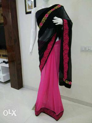 Women's Pink,black,red,and Gold Sari