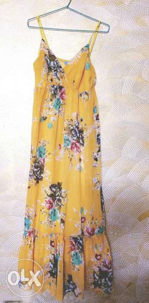 Women's Yellow,pink And White Floral Spaghetti Strap Dress