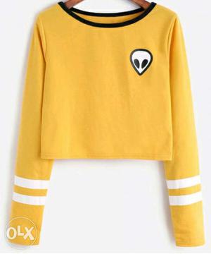 Yellow And White Scoop Neck Long Sleeve Crop Shirt