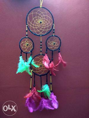 Black, Pink, Teal, And Purple Feathered Dream Catcher