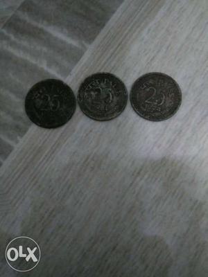 Three Round 25 Indian Paise Coins