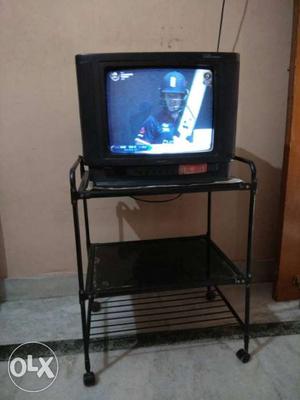 Black CRT TV; Black Metal Rolling TV Stand