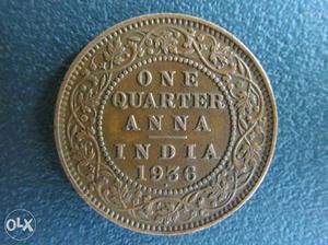  Round One Quarter Anna India Brown Coin