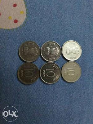 Six 10 Indian Paise Coins
