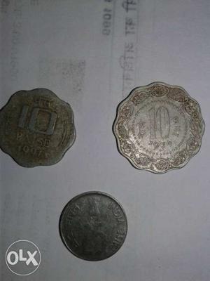 Vintage 10 paise two coins and one 25 paise coin