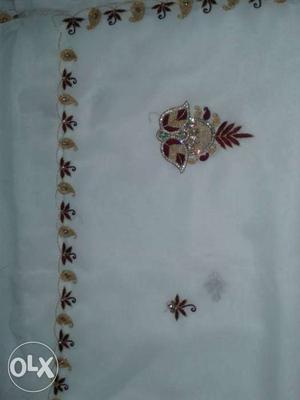 White, Red And Brown Floral-embroidered Yazma