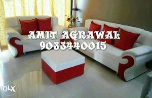 2-piece White-and-red Sofa Set With Ottoman