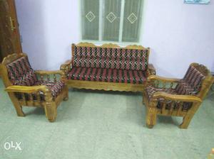 3-piece Brown Wooden Base With Red And Black Padded Sofa Set