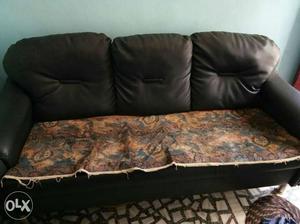Brown And Black Leather Fabric Sofa