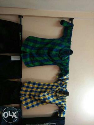 Men's Green-blue And Blue-yellow Checkered Polo Dress-shirts