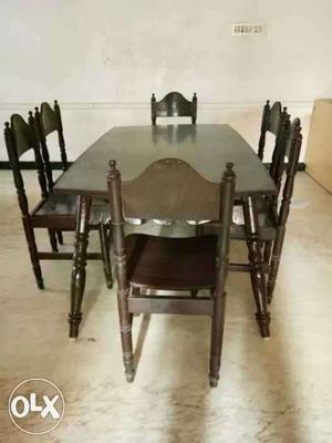 Rectangular Brown Wooden Dining Table With Six Chairs Set