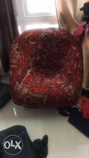 Red And Brown Floral Fabric Padded Sofa Chair