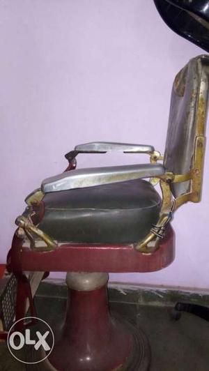 Red Framed Gray Leather Padded Barbers Chair