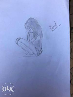 Sitting Girl Covering Her Face Pencil Sketch