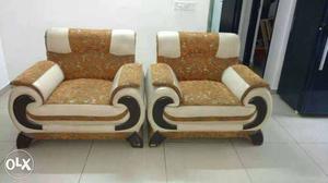Two White And Brown Fabric Sofa Chairs
