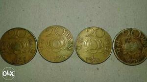 Four Gold 20 Indian Paise Coins