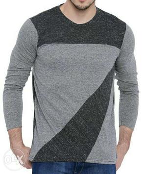 Men's With Black And Gray Crew-neck Long-sleeves