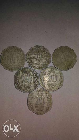 Six 20 Indian Paise Coins