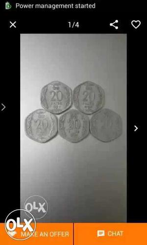 Five Hexagon Silver 20 Indian Paise Coins