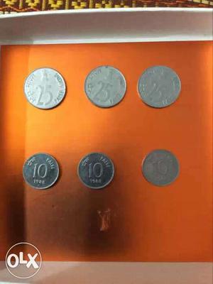 Six 25 And 10 Indian Paise Coins